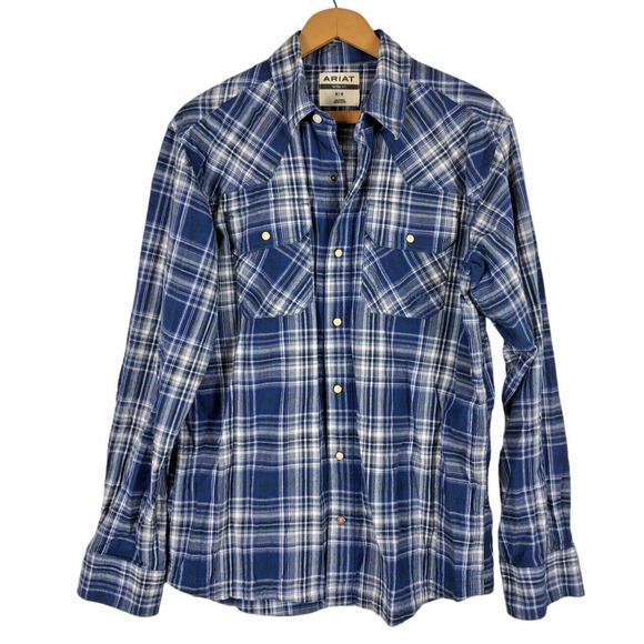 Ariat Retro Fit Shirt Medium Pearl Snap Brushed Cotton Mens Western Blue Plaid - Picture 1 of 8
